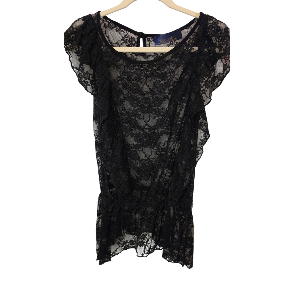 Blue Rain Black Floral Lace Ruffle Peplum Top Sheer Cap Sleeve Keyhole Back